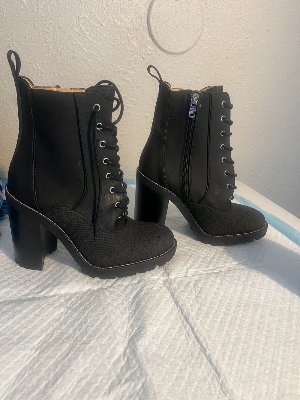 Coach Black Lace-Up Platform Block Heel Ankle Boots